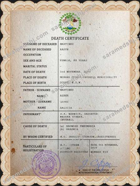 Belize death certificate PSD template